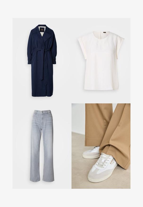 Abrigo trench de color azul marino con cintura ceñida por un cinturón, gran cuello y puños abotonados. Hecho de una tela suave, cuenta con un forro acolchado.; Blusa blanca de manga corta con cuello redondo y corte holgado, con una pequeña etiqueta negra y naranja en la parte trasera del cuello.; Jeans de pernera ancha en gris claro, con cintura alta, hechos de denim. Presentan bolsillos frontales, cremallera y un leve desvanecimiento por toda la prenda.; Zapatillas blancas con detalles de ante, cordones texturizados y suela de goma. Combinadas con un pantalón suelto en tono marrón claro. Logo exhibido en el lateral.