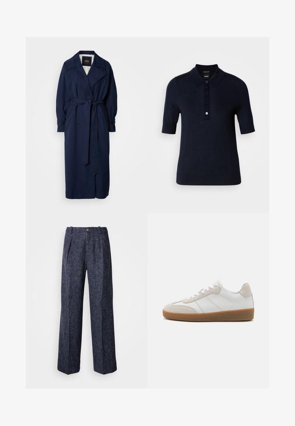 Navy blauer Trenchcoat mit einem taillierten Gürtel, großem Kragen und geknöpften Manschetten. Hergestellt aus einem glatten Stoff, verfügt über ein gestepptes Innenfutter.; Navyblaues Polohemd aus glattem Stoff, mit Kragen, kurzen Ärmeln und einer Knopfleiste mit kleinem Logodetail.; Hosen in Marineblau mit strukturiertem Gewebe, hoher Taille, weitem Bein und Vorderfalten. Mit einem einzigen Knopf und Reißverschluss versehen.; Weiße Leder-Sneaker mit beige Suede-Akzenten, strukturiertem Zungenbereich und Gummisohle. Verfügt über weiße Schnürsenkel und dezente eingestickte Details.