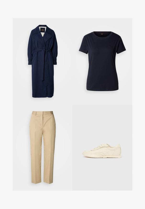 En navy blå trenchcoat med en bælte i taljen, stor krave og knappede manchetter. Lavet af et glat stof og har en quiltet foring.; Mørkeblå kortærmet T-shirt lavet af bomuld, med rund hals og et lille broderet logo på brystet. Glat tekstur.; Beige bukser med lige ben, bæltestropper, forreste pres, og skjult lukning, vist mod en lys baggrund.; Lavprofileret sneaker i cremefarve med bølget syning, snørebånd og en rilleret sål, vist fra siden på en ensfarvet baggrund.