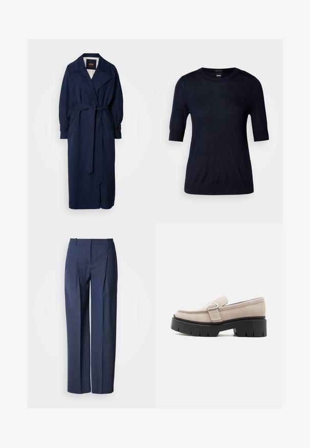 Navy blauer Trenchcoat mit einem taillierten Gürtel, großem Kragen und geknöpften Manschetten. Hergestellt aus einem glatten Stoff, verfügt über ein gestepptes Innenfutter.; Navyblaues Kurzarm-Pullover aus leichtem Strickstoff. Mit Rundhalsausschnitt und geripptem Saum für eine schmale Passform.; Marineblaue, maßgeschneiderte Anzughose mit Bügelfalten, Gürtelschlaufen und einem Reißverschluss vorne, dargestellt auf weißem Hintergrund.; Beiger Wildleder-Slipper mit silberner Schnalle und dicker schwarzer Profilsohle, Seitenansicht vor weißem Hintergrund.