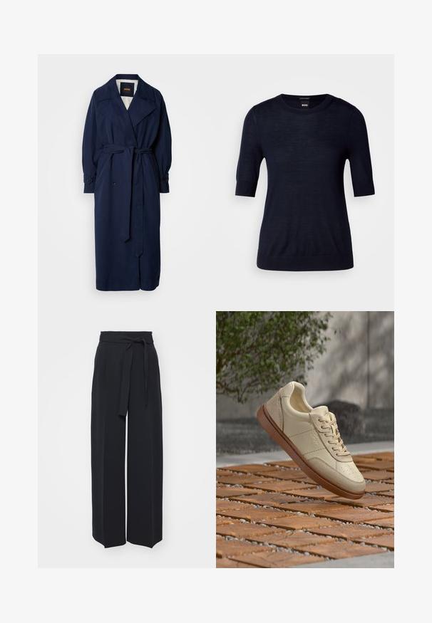 En navy blå trenchcoat med en bælte i taljen, stor krave og knappede manchetter. Lavet af et glat stof og har en quiltet foring.; Marineblå kortærmet sweater lavet af let strikket stof. Har en rund halsudskæring og ribbede kanter for en tætsiddende look.; Vide sorte bukser lavet af blød stof. Har en bælteholdbar talje og frontfolder. Glat tekstur med et rent, moderne design.; Beige lædersneaker med brun sål, der svæver over en flisebelagt udendørs overflade med spredte små sten og grønne blade i baggrunden.