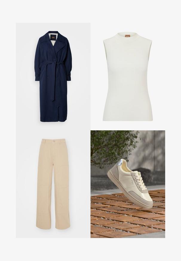 Navyblauwe trenchcoat met een riem in de taille, grote kraag en knoopmanchetten. Gemaakt van een soepele stof, met een gewatteerde voering.; Witte, mouwloze top met een hoge halslijn, met een geribbeld textuur en een getailleerd ontwerp. Merkenlabel "BOSS" zichtbaar op de kraag.; Beige flared broek gemaakt van katoen. Heeft twee grote voorkruiden en een metalen knoopsluiting bij de tailleband. Gladde textuur.; Beige en crème kleurige sneaker met zilveren hieldetail, veters gestrikt, geplaatst bovenop een betegeld houten oppervlak met een wazige achtergrond van groen en een muur.