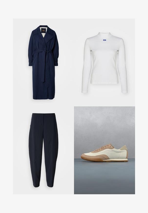 Navy blauer Trenchcoat mit einem taillierten Gürtel, großem Kragen und geknöpften Manschetten. Hergestellt aus einem glatten Stoff, verfügt über ein gestepptes Innenfutter.; Weißes langärmliges Rollkragenshirt aus dehnbarem Material mit taillierter Passform und kleinem blauen Logo auf der Brust.; Marineblaue, schmal zulaufende Hose mit mittelhohem Bund und seitlichen Taschen, mit dezenten Nahtdetails entlang der Beine.; Beige-weißer Sneaker mit einer strukturierten Oberseite, Schnürsenkeln und einer Gummisohle, präsentiert über einer Holzfläche mit Kieselsteinen.