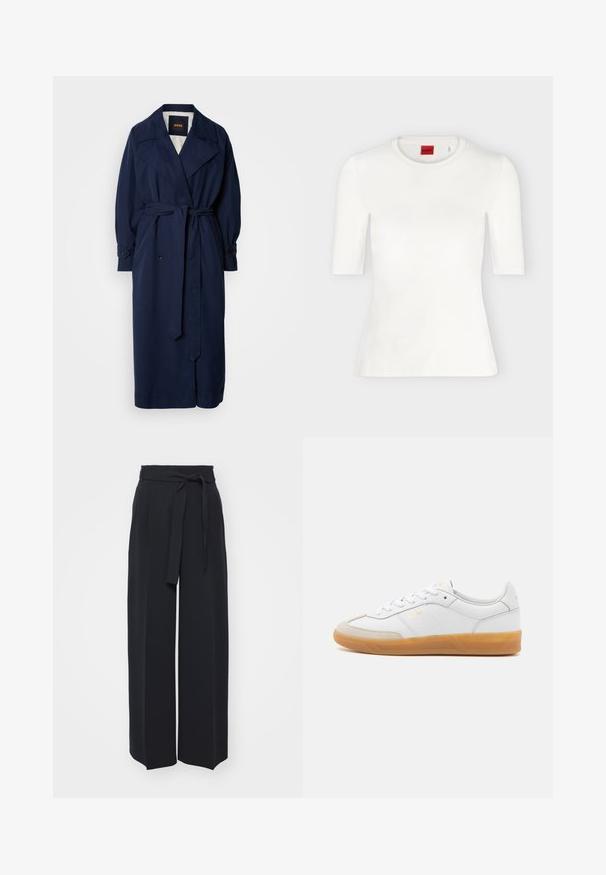 Navy blauer Trenchcoat mit einem taillierten Gürtel, großem Kragen und geknöpften Manschetten. Hergestellt aus einem glatten Stoff, verfügt über ein gestepptes Innenfutter.; Weißes, eng anliegendes T-Shirt mit kurzen Ärmeln und rundem Ausschnitt sowie rotem Markenlabel innen im Kragen.; Schwarze weite Hosen aus weichem Stoff. Mit einem Gürteltäfelchen und vorderen Falten. Glatte Textur mit einem klaren, modernen Design.; Weiße Ledersneaker mit beigen Wildlederakzenten, Gummi-Rahmen und Schnürdesign. Verfügt über dezente Markenkennzeichnung in Gold.