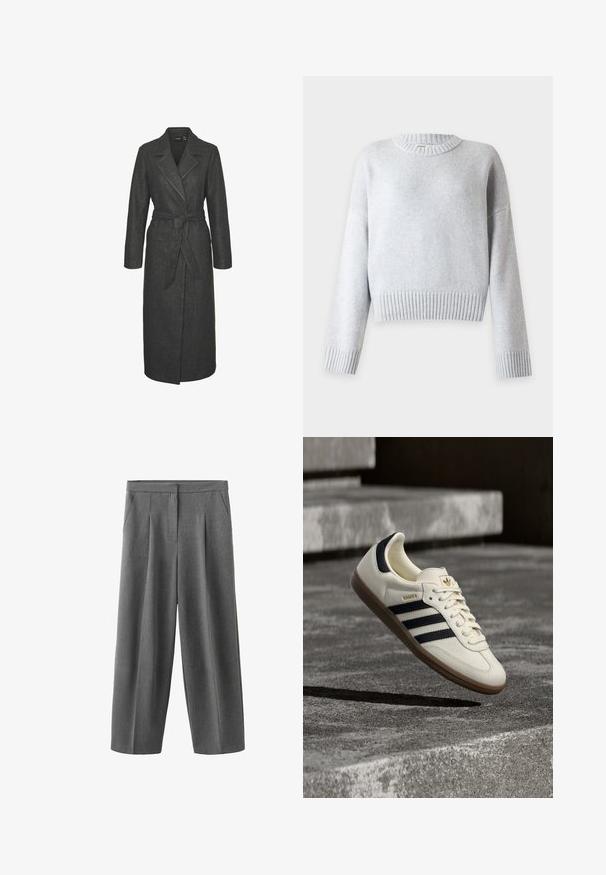 Lang grå uldfrakke med bælte i taljen, notched revers og lange ærmer. Har en lige silhuet og en struktureret finish.; Lysegrå strikket sweater med lange ærmer, ribkanter ved ærmer, kant og rund hals på en ensfarvet baggrund.; Grå vidde bukser med forreste læg, sidelommer og høj talje, lavet af et glat tekstureret stof.; Hvid Adidas Samba sneaker med sorte striber og gummsål, svævende over teksturerede grå betonstrin.