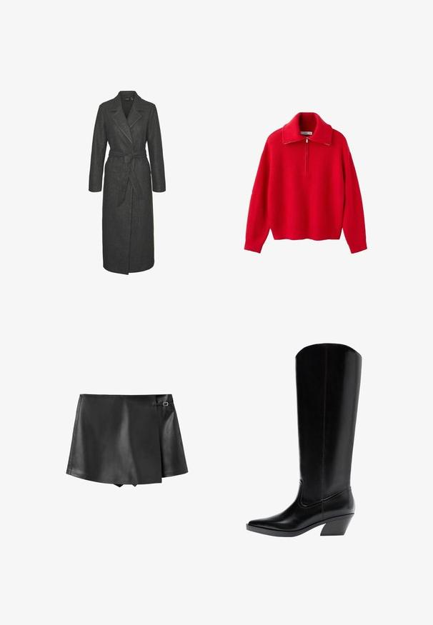 Lang grå uldfrakke med bælte i taljen, notched revers og lange ærmer. Har en lige silhuet og en struktureret finish.; Rød ribstrikket sweater med lange ærmer og en kvart-lynlås ved kraven, vist fladt mod en hvid baggrund.; Sort mininederdel i kunstlæder med overlappende frontklap og lille sidebæltespænde.; Høj sort western-støvle i læder med spids tå og skråt blokhæl, vendt mod venstre på hvid baggrund.