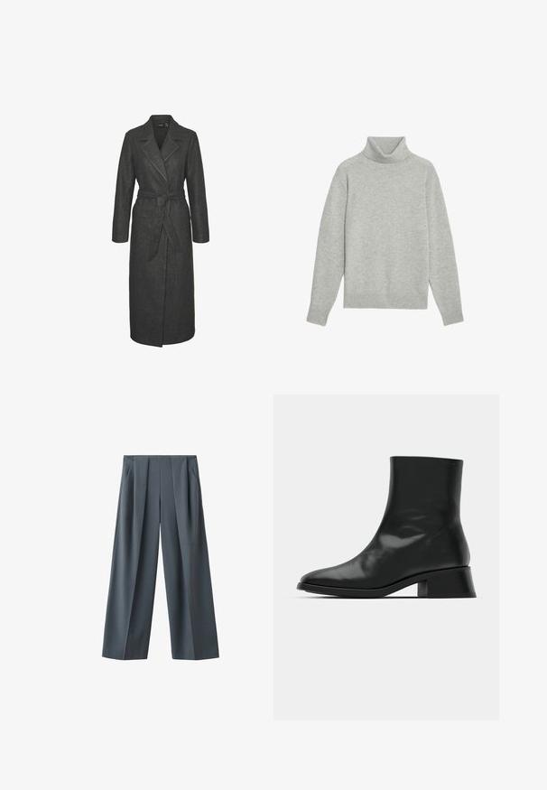 Abrigo largo de lana gris con cintura ceñida, solapas con muescas y mangas largas. Presenta una silueta recta y un acabado texturizado.; Suéter de cuello alto gris claro hecho de una tela suave; presenta cuello acanalado, mangas largas y un corte relajado.; Pantalones anchos gris oscuro con pliegues delanteros y bolsillos laterales, mostrados sobre un fondo blanco.; Botín negro de tobillo hecho de cuero brillante, con un diseño elegante, punta afilada y un tacón bloque moderado para mayor estabilidad.