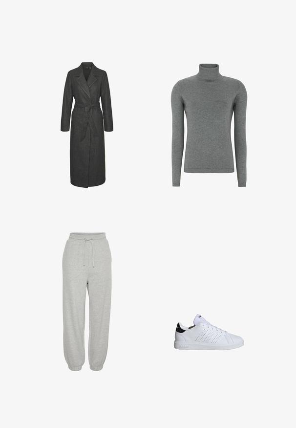 Lang grå uldfrakke med bælte i taljen, notched revers og lange ærmer. Har en lige silhuet og en struktureret finish.; Grå højhalset sweater lavet af blødt strikket stof, med lange ærmer og en tæt pasform med ribstrikkede manchetter og krave.; Lys grå sweatpants lavet af blødt stof, med elastisk talje med snor, elastiske manchetter og en afslappet pasform.; Hvid sneaker med en glat overflade, der har perforeringer på siden, grå hælaccent og en flad hvid sål. Brandlogo på hælen.