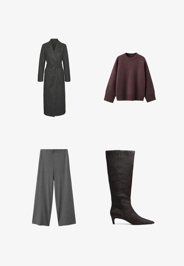 Lang grå uldfrakke med bælte i taljen, notched revers og lange ærmer. Har en lige silhuet og en struktureret finish.; Løs pasform sweater i mørk bordeaux, lavet af blødt strikket stof. Har en ribstrikket rund hals, vide ærmer og en ribstrikket kant.; Grå bukser med vide ben lavet af et blødt, tekstureret stof. Har høj talje og afslappet pasform, uden synlige beslag eller mønstre.; Sort knæhøj støvle lavet af tekstureret hår-lignende materiale, med spids tå og lav hæl. Sømdetaljer ved anklen.