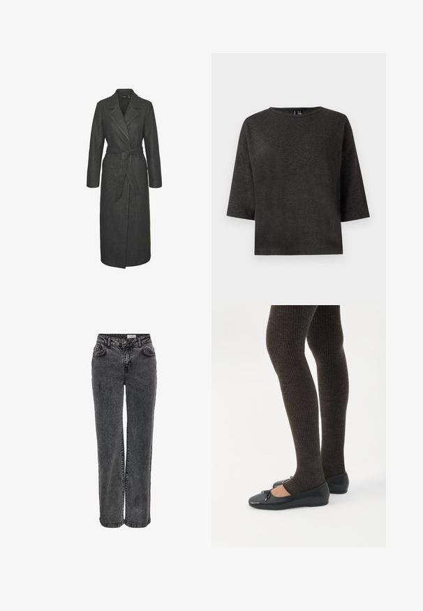 Abrigo largo de lana gris con cintura ceñida, solapas con muescas y mangas largas. Presenta una silueta recta y un acabado texturizado.; Top corto de color gris oscuro, confeccionado en una tela suave. Presenta un escote redondo y una forma sencilla y rectangulosa, sin adornos ni patrones.; Vaqueros de mezclilla negra con un diseño de pierna recta, que cuentan con bolsillos frontales, pasadores para el cinturón y una sutil textura desgastada.; Piernas con leggings oscuros acanalados combinados con bailarinas negras que presentan pequeños detalles de lazo sobre un fondo blanco.