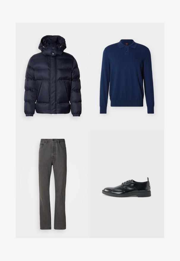 Chaqueta acolchada de color navy con un acabado texturizado, un cuello alto, capucha desmontable y dos bolsillos frontales. Cuenta con un cierre frontal de cremallera y botones a presión.; Polo de manga larga azul marino con dos botones, puños y bajo acanalados, y pequeño logo "BOSS" en el pecho izquierdo.; Vaqueros de mezclilla gris con un diseño de pierna recta, que cuentan con bolsillos frontales, un cierre de botón y una textura sutil.; Zapato de vestir negro de cuero brillante con tacón bajo, cierre de cordones y puntera redonda, mostrado de lado sobre un fondo claro y liso.