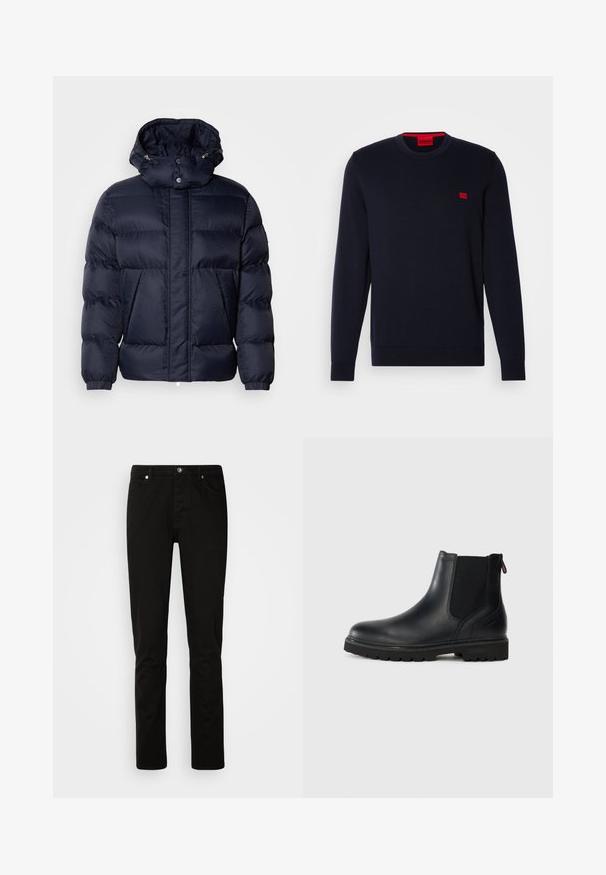 Chaqueta acolchada de color navy con un acabado texturizado, un cuello alto, capucha desmontable y dos bolsillos frontales. Cuenta con un cierre frontal de cremallera y botones a presión.; Suéter de punto azul marino con escote redondo, puños y dobladillo acanalados, y un pequeño logo rojo en el pecho. Textura suave, diseño casual.; Vaqueros negros de corte recto con cierre frontal de botón y cremallera, bolsillos delanteros y traseros, mostrados sobre un fondo claro y liso.; Bota de tobillo de cuero negro con paneles laterales elásticos, punta redondeada y suela de goma robusta con profundos relieves para mayor tracción.