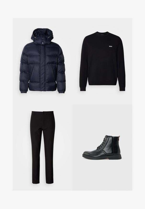 Chaqueta acolchada de color navy con un acabado texturizado, un cuello alto, capucha desmontable y dos bolsillos frontales. Cuenta con un cierre frontal de cremallera y botones a presión.; Suéter negro de manga larga con cuello redondo, con un pequeño logotipo blanco "BOSS" en el lado izquierdo del pecho, puños y dobladillo de canalé, presentado sobre un fondo blanco.; Pantalones negros de tela lisa, con diseño de pierna recta, cierre frontal con botón y discretos bolsillos laterales. Aspecto sencillo y entallado.; Bota de tobillo de cuero negro con cordones en la parte delantera, puntera redondeada, suela plana y lengüeta en la parte trasera sobre un fondo liso gris claro.