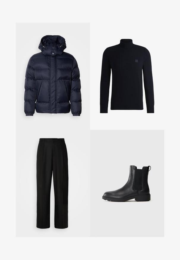 Chaqueta acolchada de color navy con un acabado texturizado, un cuello alto, capucha desmontable y dos bolsillos frontales. Cuenta con un cierre frontal de cremallera y botones a presión.; Suéter de cuello alto en azul marino, confeccionado en suave material de punto, con mangas largas y cuello acanalado. Incluye un parche de logo cuadrado en el pecho.; Pantalones negros con corte recto, textura suave, pliegues frontales y cintura estándar. Diseño minimalista sin patrones adicionales.; Botín negro de cuero hasta el tobillo con paneles laterales elásticos, tirador en el talón y suela baja de bloque sobre un fondo liso.