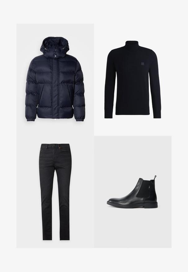 Chaqueta acolchada de color navy con un acabado texturizado, un cuello alto, capucha desmontable y dos bolsillos frontales. Cuenta con un cierre frontal de cremallera y botones a presión.; Suéter de cuello alto en azul marino, confeccionado en suave material de punto, con mangas largas y cuello acanalado. Incluye un parche de logo cuadrado en el pecho.; Vaqueros negros de denim ajustados con bolsillos delanteros, trabillas para cinturón y cierre de botones, mostrados sobre un fondo liso y claro.; Botines Chelsea de cuero negro con paneles elásticos laterales, una pestaña para tirar y una suela de goma plana. Textura suave con un detalle mínimo.