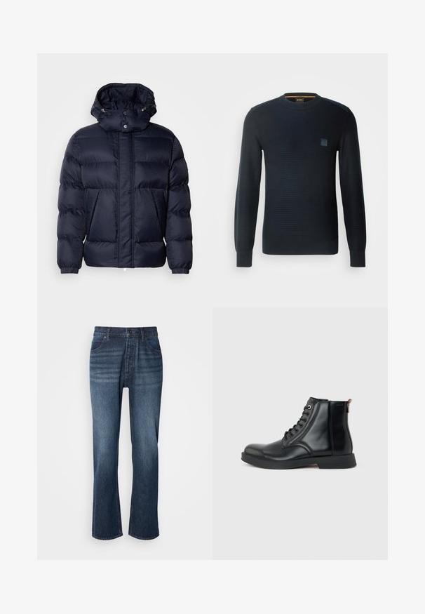 Chaqueta acolchada de color navy con un acabado texturizado, un cuello alto, capucha desmontable y dos bolsillos frontales. Cuenta con un cierre frontal de cremallera y botones a presión.; Suéter de punto azul marino con mangas largas, cuello redondo, tejido texturizado y un pequeño parche de logo en el pecho.; Jeans de denim con un diseño de pierna recta, lavado medio, estilo de cinco bolsillos y cierre de botón. La tela tiene una textura suave con un leve desteñido.; Bota de tobillo de cuero negro con cordones en la parte delantera, puntera redondeada, suela plana y lengüeta en la parte trasera sobre un fondo liso gris claro.