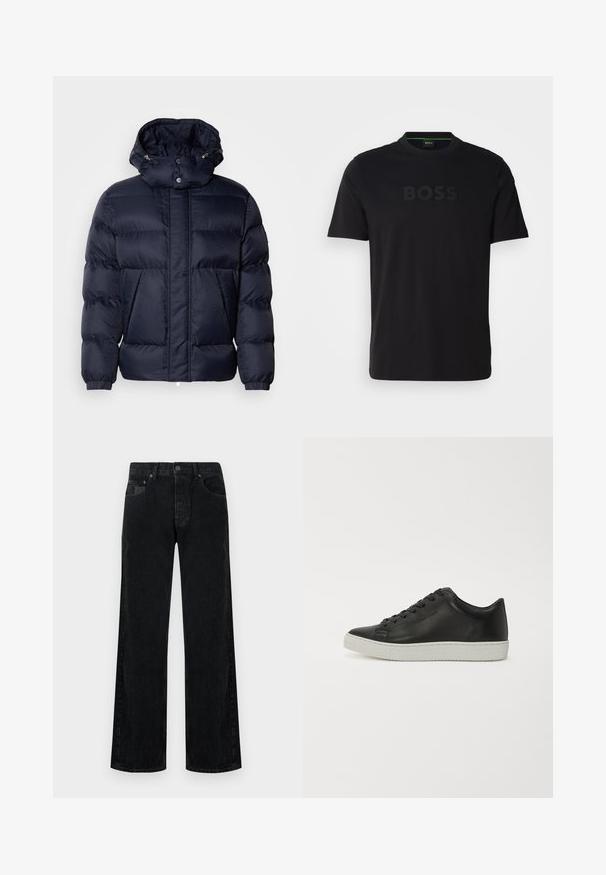 Chaqueta acolchada de color navy con un acabado texturizado, un cuello alto, capucha desmontable y dos bolsillos frontales. Cuenta con un cierre frontal de cremallera y botones a presión.; Camiseta negra de manga corta con cuello redondo y un logo "BOSS" tonal en el frente. Fabricada con una tela suave y lisa.; Vaqueros de mezclilla negra de pierna ancha con un diseño clásico de cinco bolsillos, que cuentan con cierre de botón y una textura sutilmente desgastada.; Zapatillas de cuero negro con punta redondeada, suela plana de goma blanca y diseño de cordones con seis ojales. Textura suave, estilo minimalista.
