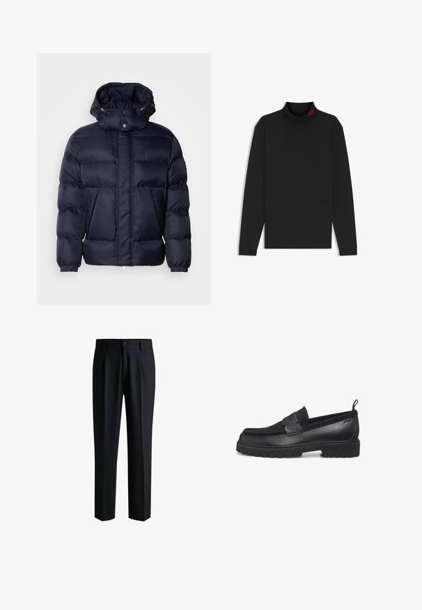 Chaqueta acolchada de color navy con un acabado texturizado, un cuello alto, capucha desmontable y dos bolsillos frontales. Cuenta con un cierre frontal de cremallera y botones a presión.; Camiseta negra de manga larga con cuello alto, hecha de tela suave. Cuenta con un cuello alto y una pequeña etiqueta roja en el escote. No presenta ningún estampado.; Pantalones negros de tela suave, con un diseño de pierna recta, pliegues en la parte delantera y cierre de botón con trabillas para cinturón.; Mocasines negros con cuerpo de cuero liso, suela de goma y detalles texturizados en la parte superior. Presentan un ribete cosido y diseño sin cordones.