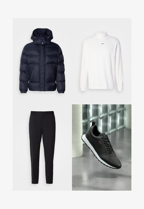 Marineblauwe pufferjack met een gestructureerde afwerking, een hoge kraag, een afneembare capuchon en twee voorkeuzen. Voorzien van een frontale rits en drukknoopsluitingen.; Witte langemouwen turtleneck-shirt van zachte stof, met een subtiele zwarte "HUGO"-logo op de voorkant en aansluitende manchetten.; Zwarte broek van een gestructureerde stof, met een rechte snit, standaard tailleband met een knoop, en zijzakken.; Zwarte leren sneaker met witte zool en zwarte veter, met rode "HUGO"-logo aan de zijkant, zwevend boven een grijze gepolijste vloer.
