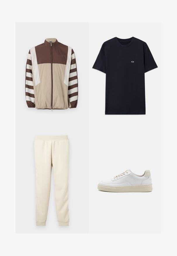 Veste coupe-vent marron et beige avec des rayures blanches, col montant, fermeture éclair, poignets élastiques et un logo sur la poitrine gauche.; T-shirt en coton bleu marine à manches courtes et col rond. Présente un petit logo blanc "A|X" sur le côté gauche de la poitrine.; Pantalons de survêtement beige clair fabriqués en tissu doux avec un design fuselé, une ceinture élastique et des poignets aux chevilles. Pas de motifs ou d'accents visibles.; Sneaker blanche avec un dessus en cuir lisse, des lacets beige et un onglet de talon en daim beige texturé. Semelle surélevée pour une hauteur supplémentaire.