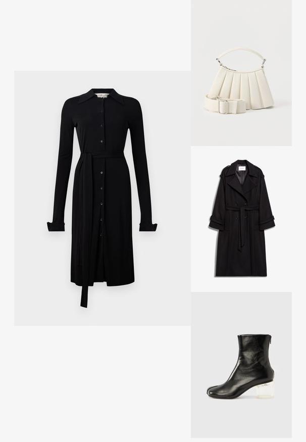 Zwarte wollen trenchcoat met een dubbelgeknoopte voorkant, een ceintuur in de taille en opgerolde manchetten. Opvallende details zijn de schouderepauletten.; Zwarte lange mouwen jurk van gladde stof, met een knopenlijst aan de voorkant, kraag en een tailleband. Knoopmanchetten en een jurk die tot de knie komt.; Zwarte leren enkellaars met een ronde neus en een transparante blokhak. Voorzien van een ritssluiting aan de zijkant en een gladde matte afwerking.; Witte geplooide handtas met korte handgreep en een brede afneembare schouderriem met zilveren gesp.