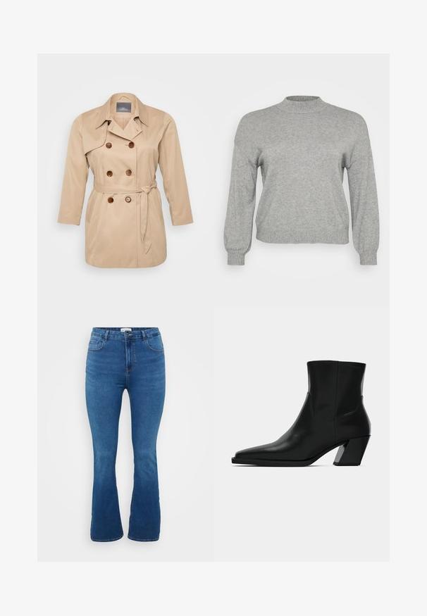 Beige trenchcoat mit einem doppeltknöpfigen Design, großen Revers und braunen Knöpfen. Mit gebundenem Taillenbereich und langen Ärmeln. Glatte Stofftextur.; Hellgrauer, gestrickter Pullover mit langen Ärmeln, geripptem Rundhalsausschnitt, Bündchen und Saum, auf einem weißen Hintergrund präsentiert.; Jeans mit Weitbein-Design in Mittelblau, mit hoher Taille, Fronttaschen und einer glatten Textur mit minimalen Nahtdetails.; Schwarze Leder-Stiefelette mit spitzem Zeh, schlanker Silhouette und klobigem quadratischem Absatz. Glatte Textur mit minimalen Nähdetails.