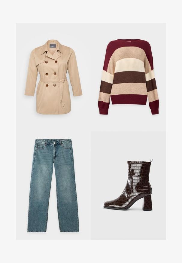 Beige trenchcoat med dobbeltknapning, store revers og brune knapper. Har en bindebånd i taljen og lange ærmer. Glat stofstruktur.; Strikket sweater med vandrette brede striber i burgunder, beige, creme og brun, med lange ærmer og rund halsudskæring.; Blå denim jeans med straight ben, knaplukning foran og fem-lomme design på en ensfarvet hvid baggrund.; Mørkebrun patentlæder ankelstøvle med krokodillemønster, blokhæl og trækstrop bagpå mod hvid baggrund.