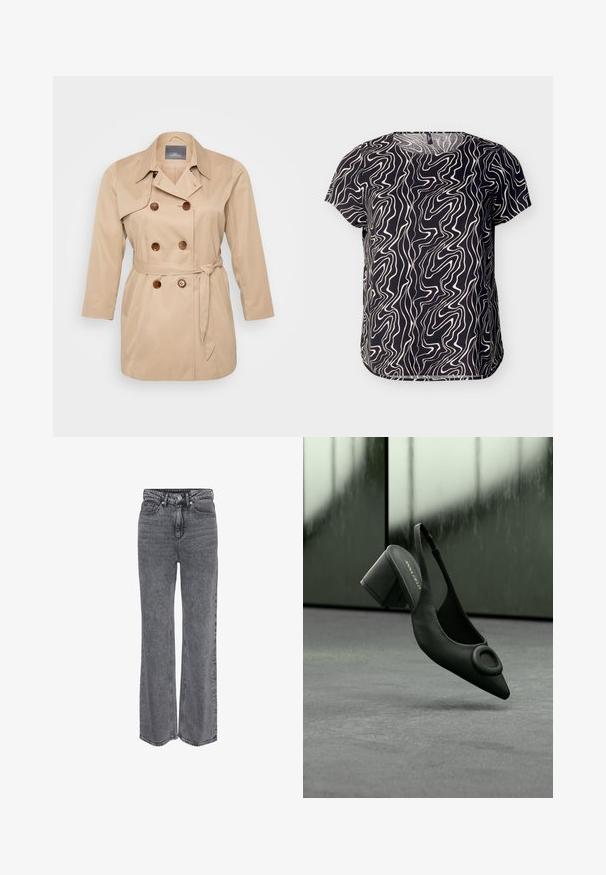 Beige trenchcoat med dobbeltknapning, store revers og brune knapper. Har en bindebånd i taljen og lange ærmer. Glat stofstruktur.; Sort kortærmet bluse med abstrakt mønster af bølgede hvide linjer og rundet kant, vist mod en ensfarvet baggrund.; Grå denimjeans i høj talje og med lige ben, med frontknap, lynlåslukning og klassisk design med fem lommer.; Sort læder slingback højhælede sko med spids tå og rund spænde, placeret mod en grå gulv og sløret baggrund.