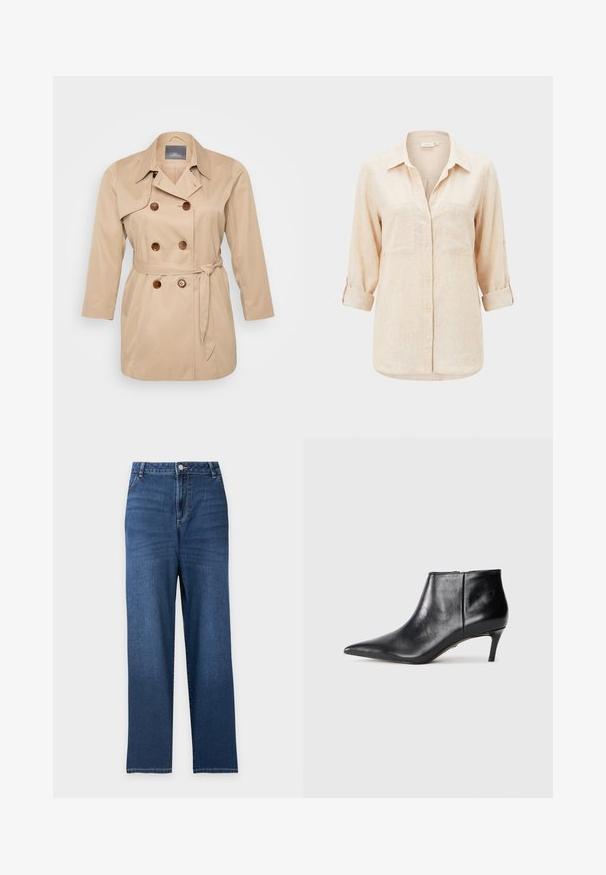 Beige trenchcoat med dobbeltknapning, store revers og brune knapper. Har en bindebånd i taljen og lange ærmer. Glat stofstruktur.; Beige langærmet skjorte med krave, to brystlommer og op-rullede ærmer.; Blå straight-leg denimjeans med høj talje, knap foran, lynlås og lommer foran og bagpå.; Sort læder ankelstøvle med spids tå og slank hæl i mellem højden, vist i sideprofil på hvid baggrund.