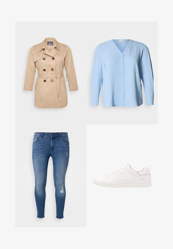 Beige trenchcoat med dobbeltknapning, store revers og brune knapper. Har en bindebånd i taljen og lange ærmer. Glat stofstruktur.; Lyseblå skjorte med lange ærmer og knapper, med V-hals, fremstillet i et tekstureret stof og med en afslappet pasform. Knapper løber ned foran.; Tætsiddende jeans lavet af blåt denim, med slidte detaljer på forsiden, falmede sektioner og en frynset kant ved anklerne.; Hvide lædersneakers med rund tå, seks snørehuller, perforerede detaljer, subtile plastdetaljer og en struktureret gummisål.