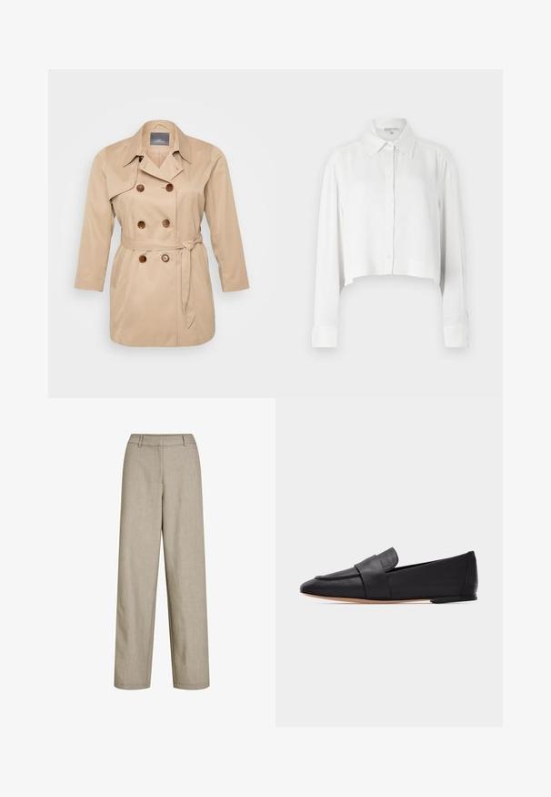 Beige trenchcoat mit einem doppeltknöpfigen Design, großen Revers und braunen Knöpfen. Mit gebundenem Taillenbereich und langen Ärmeln. Glatte Stofftextur.; Weißes, kurzes Hemd mit langen Ärmeln, Knopfleiste und klassischem Kragen. Glatter Stoff mit strukturierten Manschetten und minimalistischem Design.; Beige Hose mit hoher Taille und weitem Bein mit Gürtelschlaufen und verdecktem vorderem Verschluss aus leichtem Stoff.; Schwarzer flacher Lederloafer mit spitzer Zehe, breitem Riemen über dem Vorderfuß und hellbrauter Sohle, im Profil auf weißem Hintergrund gezeigt.