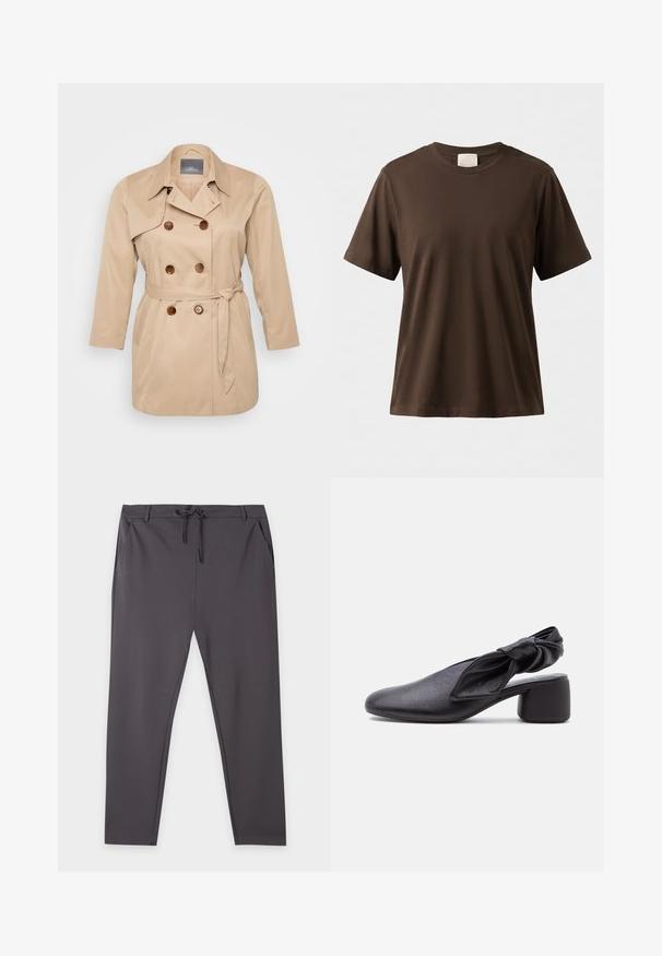 Beige trenchcoat mit einem doppeltknöpfigen Design, großen Revers und braunen Knöpfen. Mit gebundenem Taillenbereich und langen Ärmeln. Glatte Stofftextur.; Schlichtes braunes T-Shirt mit kurzen Ärmeln und Rundhalsausschnitt, locker sitzend, auf neutralem Hintergrund präsentiert.; Dunkelgraue gerade Hose mit Kordelzug in der Taille, Seitentaschen und Gürtelschlaufen, flach auf weißem Hintergrund ausgelegt.; Schwarzer Leder-Slingback-Schuh mit abgerundeter Spitze, einem geknoteten Riemendetail und niedrigem Blockabsatz auf weißem Hintergrund.
