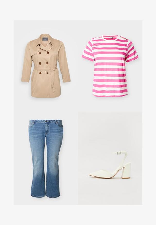 Beige trenchcoat mit einem doppeltknöpfigen Design, großen Revers und braunen Knöpfen. Mit gebundenem Taillenbereich und langen Ärmeln. Glatte Stofftextur.; Kurzärmeliges Baumwoll-T-Shirt mit horizontalen pink-weißen Streifen und drei goldenen Knöpfen auf der linken Schulter.; Hellblaue Jeans aus Denim mit hohem Bund, leicht ausgestellten Beinen, vorderer Knopfleiste und Fünf-Taschen-Design.; Weißer sandal mit Absatz und spitzem Zehenbereich, verstellbarem Knöchelriemen und chunky quadratischem Absatz. Glatte Textur mit minimalen Nähdetails.
