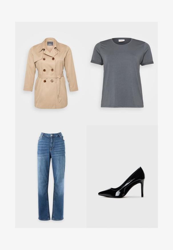 Beige trenchcoat med dobbeltknapning, store revers og brune knapper. Har en bindebånd i taljen og lange ærmer. Glat stofstruktur.; Grå kortærmet T-shirt lavet af blødt stof, med en klassisk rund halsudskæring og oprullede ærmer. Glat tekstur uden synlige mønstre.; Blå straight-fit jeans med knap- og lynlåslukning, for- og baglommer, vist på en ensfarvet hvid baggrund.; Sort patentlæder højhælet sko med spids tå, præsenteret mod en simpel hvid baggrund.