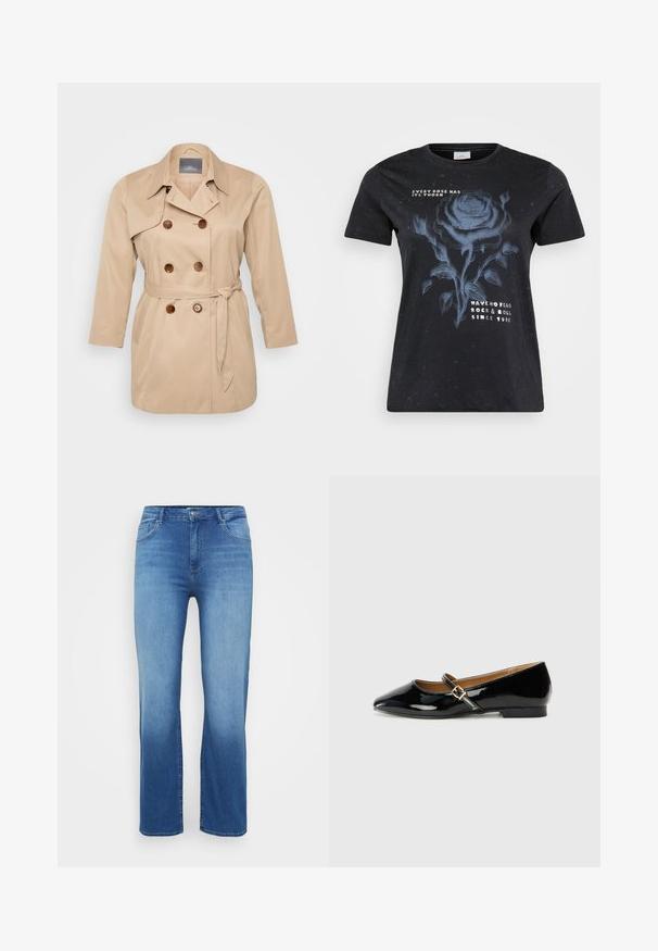 Beige trenchcoat mit einem doppeltknöpfigen Design, großen Revers und braunen Knöpfen. Mit gebundenem Taillenbereich und langen Ärmeln. Glatte Stofftextur.; ONLY Carmakoma CARMIKO WASHED SS REG TEE JRS - T-Shirt print - black; Hellblaue Jeans aus Denim mit geradem Schnitt, Fünf-Taschen-Design und einem ausgeblichenen Effekt am Saum. Knopfverschluss an der Taille.; Schwarze Lackleder-Ballerinas mit spitzem Zehenbereich, einem Knöchelriemen mit goldfarbener Schnalle und niedrigem Blockabsatz. Glatte, glanzvolle Oberfläche.