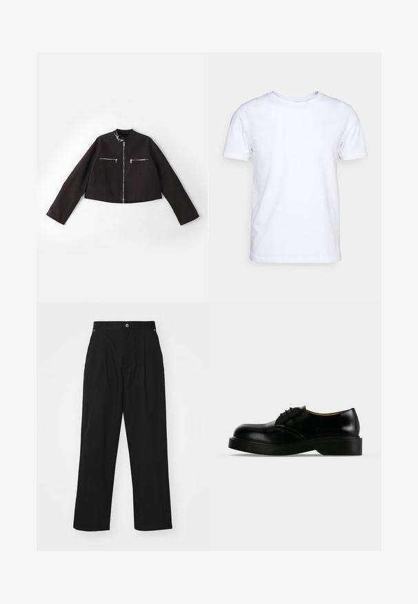 Sort cropped jakke lavet af tekstureret stof, med sølv lynlåse på forlommerne, en rund krave og lange ærmer.; Hvid kortærmet t-shirt i bomuldsstof med rund halsudskæring. Enkel design uden mønstre eller detaljer. Glat tekstur.; Sorte bukser med brede ben lavet af letvægtsstof. Med knaplukning, frontfolder og to sidelommer.; Sort poleret læder snørestøvle med tyk sål, rundet tå og lav hæl, vist fra siden på en ensfarvet baggrund.