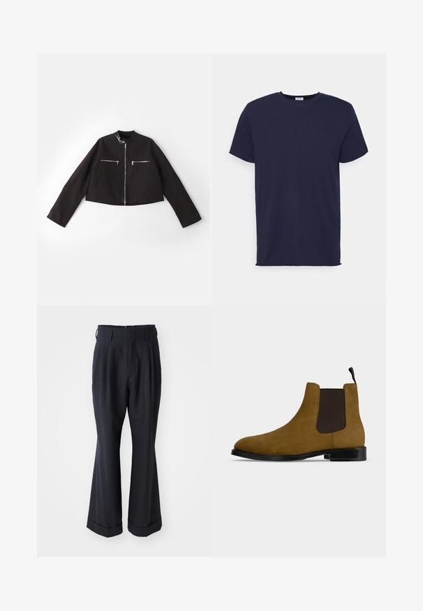 Sort cropped jakke lavet af tekstureret stof, med sølv lynlåse på forlommerne, en rund krave og lange ærmer.; Marineblå kortærmet t-shirt lavet af blødt stof. Har rund halsudskæring og en lige pasform uden mønstre eller accenter.; Sorte skræddersyede bukser med en afslappet pasform, plisseret forside og vide ben. Har en opsmøg i bunden og en glat stofstruktur.; Brun ruskind Chelsea-støvle med sort elastisk sidepanel, sort sål og trækflig på en lys grå baggrund.