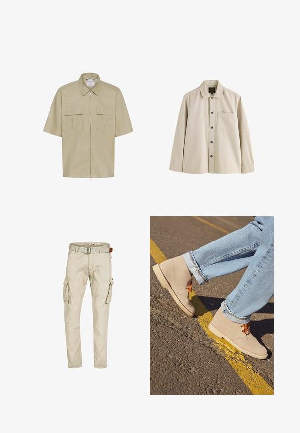 Kortærmet skjorte med krave i lysebeige stof med front-lynåbning og to brystlommer med klapdetaljer. Glat tekstur.; Beige langærmet skjorte med knapper, krave og en brystlomme, lavet af et robust stof.; Beige cargobukser med flere klaplommer, knædetaljer med syninger og et matchende stofbælte med metalkrog.; Beige ruskind ankelstøvler med orange snørebånd, rund tå og en let gummisål, parret med opfoldede lyseblå denimjeans.