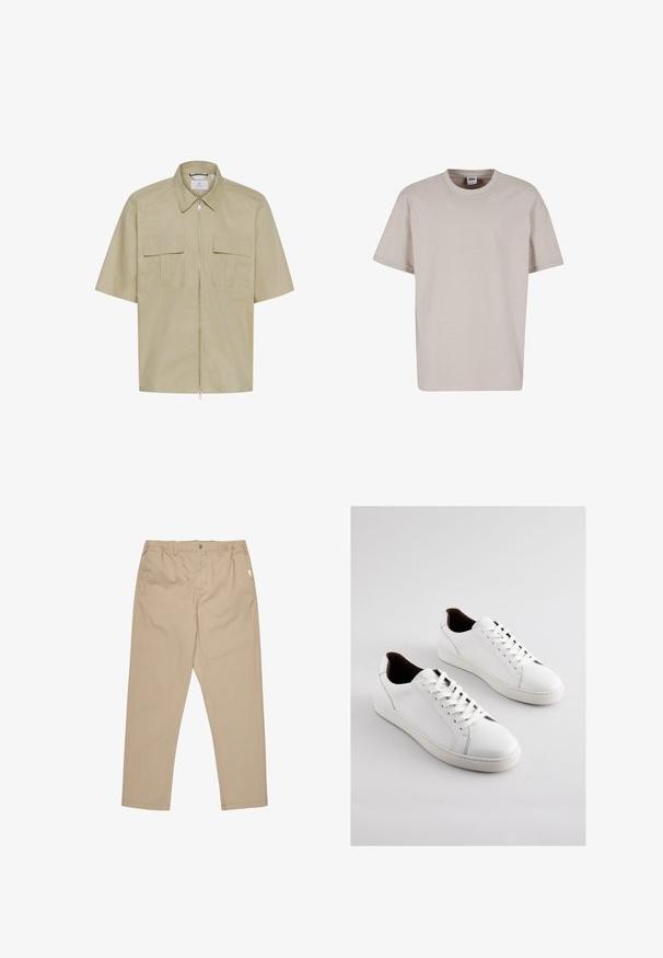 Kortærmet skjorte med krave i lysebeige stof med front-lynåbning og to brystlommer med klapdetaljer. Glat tekstur.; Urban Classics CUFF TEE - T-shirts basic - cloud; Khaki bukser lavet af letvægtsstof, med lige ben, knaplukning og sidelommer. Glat tekstur med minimal detaljer.; Hvide lædersneakers med lav profil, perforerede sider, flade snørebånd og en kontrasterende brun indvendig foring. Gummisål med tekstureret mønster.