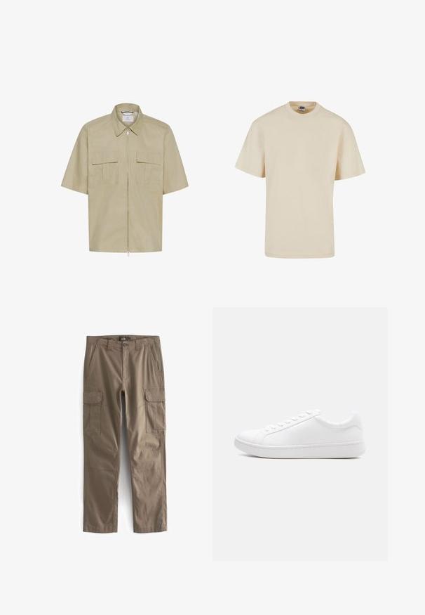 Lyhythihainen, kauluksellinen paita vaalean beigestä kankaasta, jossa edessä vetoketjusulku ja kaksi rintataskua läppäsomistein. Sileä pinta.; Vaažypikan beige puuvillane T-särk, millel on ümmargune kaelus ja lühikesed varrukad, omades lõdva lõiget ja minimaalset õmblusdetaili. Ahnus ja mitmekülgne disain.; Housut khaki-kankasta, joissa on useita sivutaskuja, klassinen malli, suoralahkeinen muotoilu ja vahvistetut saumat.; Valkoinen matalakärkinen tennari, jossa nauhallinen kiinnitys, sileä nahkapäällinen ja paksu kumipohja, esitetty sivuprofiilissa yksinkertaisella taustalla.