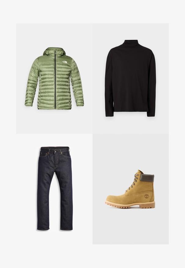 Oliven grøn pufferjakke med hætte, med et quiltet design, lynlåslukning og logoaccent på den øverste venstre side.; Sort turtleneck langærmet top lavet af blød, glat stof med løs pasform og uden synlige mønstre eller detaljer.; Mørkeblå denimjeans med lige snit, fem-lomme design, metalbeslag og kontrasterende orange syninger. Glat tekstur, ingen synlige mønstre.; Tan ruskindsankelstøvle med brune læderdetaljer, rund tå, grå snørebånd og kraftig gummisål med et trælogo på siden.