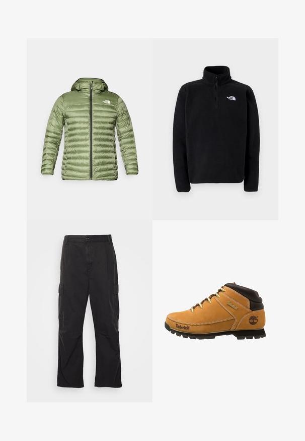 Oliven grøn pufferjakke med hætte, med et quiltet design, lynlåslukning og logoaccent på den øverste venstre side.; The North Face SHISPARE ZIP - Fleecetrøjer - black; Sorte cargo bukser med lige ben, der har to sidelommer, knaplukning og en struktureret stof.; Brune og gule lædervandrestøvler med gummisål, metaløjer, polstret krave og Timberland-logo på siden.