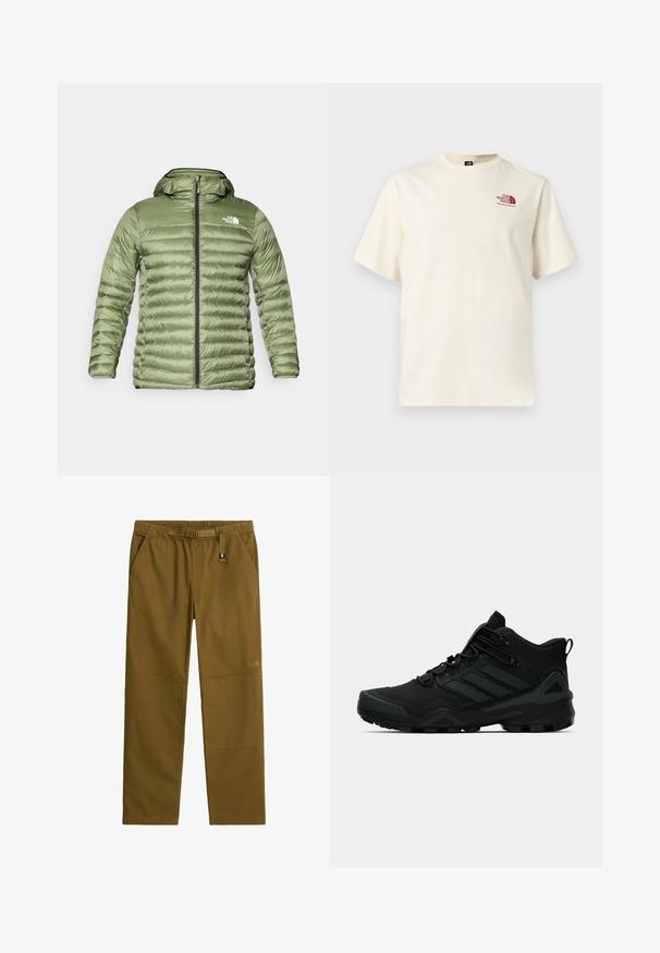 Olivenfarbener Steppjacke mit Kapuze, die ein gestepptes Design, einen Reißverschluss und ein Logo-Highlight auf der oberen linken Seite aufweist.; Kurzärmeliges off-white T-Shirt mit bordeauxrotem "The North Face"-Logo auf der linken Brust, Rundhalsausschnitt, schlichtes Design.; Braune Outdoor-Hose mit elastischem Bund, integriertem verstellbarem Gürtel, Seitentaschen und verstärkten Knie-Panels.; Schwarzer hoher Wanderschuh mit profilierter Sohle, Schnürung vorne und gebrandeten Seitenstreifen auf einfarbig hellem Hintergrund.