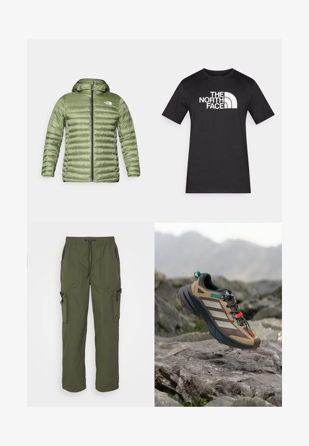 Oliven grøn pufferjakke med hætte, med et quiltet design, lynlåslukning og logoaccent på den øverste venstre side.; Sort T-shirt med korte ærmer lavet af bomuld, med et fremtrædende hvidt logo af "THE NORTH FACE" over brystet.; Oliven grøn cargo bukser lavet af let materiale, med elastisk talje, snorelukning og flere lynlåslommer.; Brun og grå løbesko med hvide striber, orange og turkis accenter, tekstureret mesh-materiale og robust sål for bedre greb.