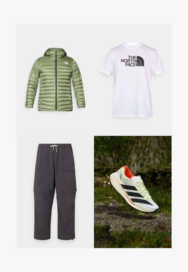 Oliven grøn pufferjakke med hætte, med et quiltet design, lynlåslukning og logoaccent på den øverste venstre side.; Hvid bomuld t-shirt med et sort logo af "THE NORTH FACE" og et buet designelement. Kortærmet og med rund hals.; Mørkegrå cargobukser i konvertibel model med snøre i taljen, klaplommer og ben med lynlås, der kan tages af, så de bliver til shorts.; Hvid og sort sportssko med overdel i mesh, orange indre og grå sål. Har en struktureret overflade og fremtrædende logo.