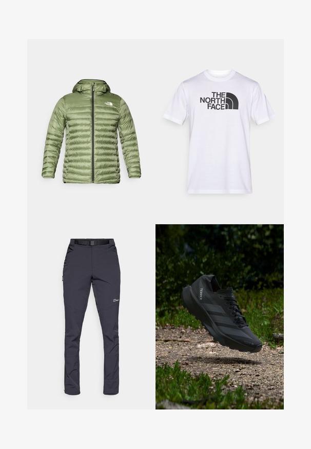 Oliven grøn pufferjakke med hætte, med et quiltet design, lynlåslukning og logoaccent på den øverste venstre side.; Hvid bomuld t-shirt med et sort logo af "THE NORTH FACE" og et buet designelement. Kortærmet og med rund hals.; Vandtætte bukser i mørkegrå farve, lavet af slidstærkt stof. Funktioner inkluderer et bælte, sidelommer og lynlåsede ankler.; Sort Adidas Terrex trailløbesko i luften over en klippefyldt sti med grøn vegetation i baggrunden.