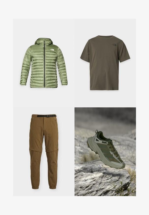 Olivenfarbener Steppjacke mit Kapuze, die ein gestepptes Design, einen Reißverschluss und ein Logo-Highlight auf der oberen linken Seite aufweist.; Schlichtes olivgrünes T-Shirt mit kurzen Ärmeln und einem kleinen schwarzen The North Face-Logo auf der oberen linken Brust.; Braune Outdoor-Hose zum Abzippen der Beine, mit vorderen Reißverschlusstaschen, elastischen Knöchelabschlüssen und integriertem schwarzen Gürtel.; Terrex Trailrunning-Schuh in Olivgrün. Verfügt über ein atmungsaktives Mesh-Obermaterial, verstärkte Zehenpartie und eine robuste Sohle für guten Halt auf felsigem Untergrund.