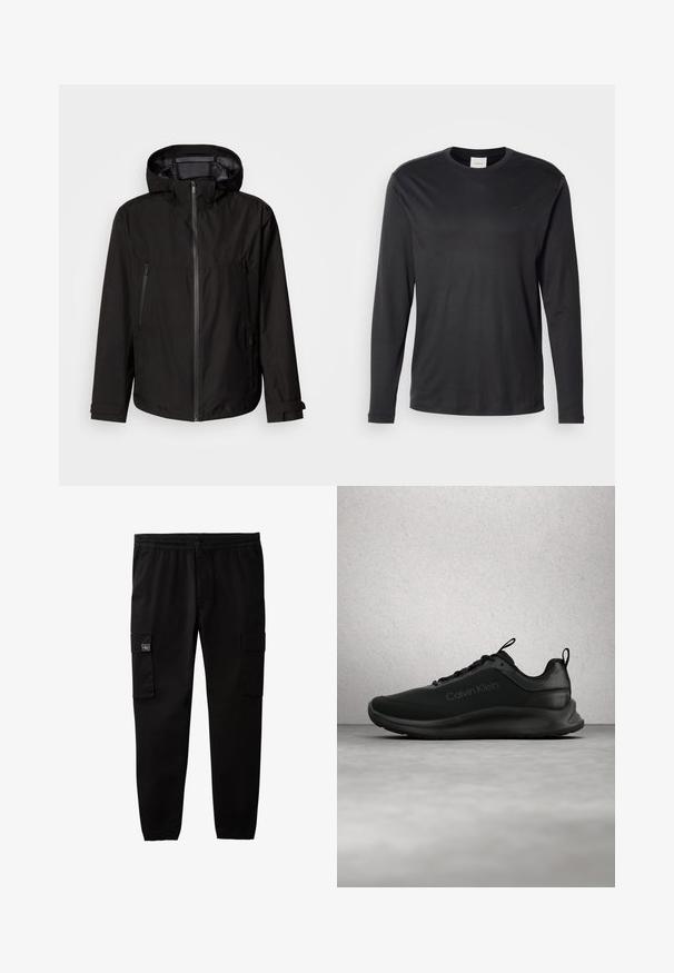 Sort letvægtsjakke med hætte, lynlås lukning, to lynlåslommer på siden og justerbare manchetter. Glat tekstur, moderne design.; Sort langærmet crew neck t-shirt fra Calvin Klein med lille CK-logo på venstre bryst, præsenteret på en neutral hvid baggrund.; Sorte cargobukser med elastisk talje og manchetter, knap- og lynlås-lukning samt klaplommer på hvert lår.; Sort Calvin Klein-sneaker med snøre, der svæver over en gråpoleret gulv, med glasblokvinduer i baggrunden.