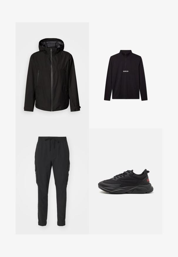 Veste légère noire avec capuche, fermeture éclair, deux poches latérales zippées et poignets ajustables. Texture lisse, design moderne.; Pull noir à manches longues Calvin Klein avec une fermeture éclair sur le quart et un logo blanc imprimé sur la poitrine.; Pantalons cargo noirs en tissu léger. Taille élastique avec cordon de serrage. Design à jambe fuselée et poches latérales. Texture lisse.; Baskets de sport noires avec un tissu texturé, une semelle épaisse et un logo 'HUGO' en contraste au niveau du talon. Elles présentent des lacets ronds et un design épuré.