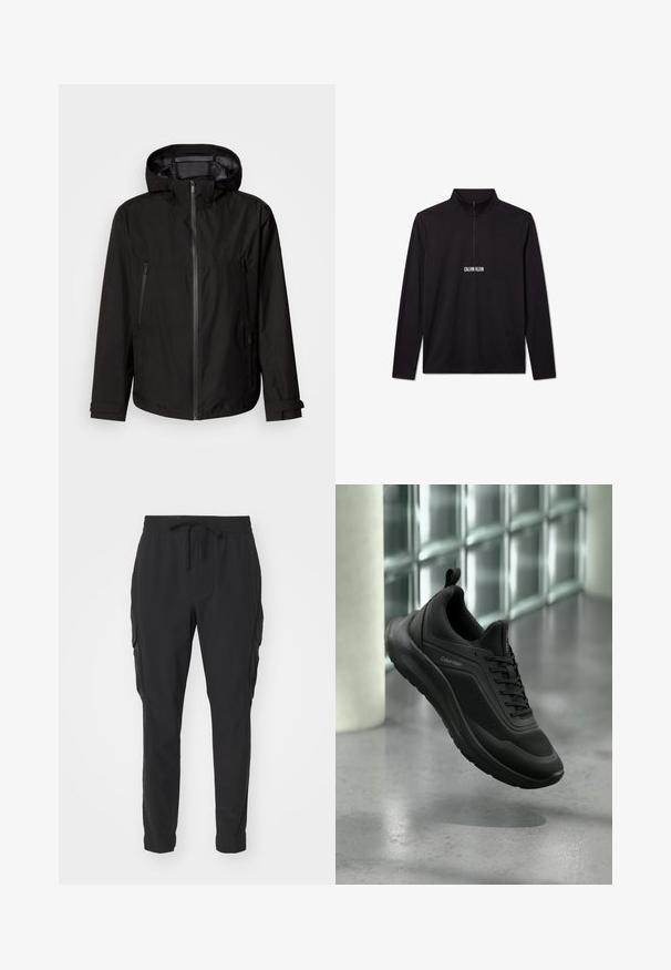 Schwarze leichte Jacke mit Kapuze, Reißverschluss, zwei Reißverschlusstaschen an den Seiten und verstellbaren Ärmelriemen. Glatte Textur, modernes Design.; Schwarzer Langarm-Pullover von Calvin Klein mit Viertel-Reißverschluss und weißem Logo auf der Brust.; Schwarze Cargo-Hosen aus leichtem Material. Elastischer Bund mit Kordelzug. Eng zulaufendes Beindesign und seitliche Taschen. Glatte Textur.; Schwarzer Calvin Klein Sneaker mit Mesh- und synthetischem Obermaterial, dicker Sohle und Schnürsenkeln, schwebend über einem grauen Boden in der Nähe von Glasbausteinen dargestellt.